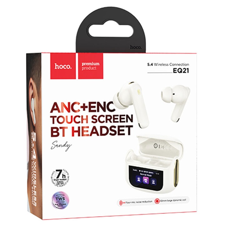 Casti Wireless Hoco (EQ21), fülhallgató, BT 5.4, 40/400mAh, ANC+ENC, érintőképernyő, Felhős/FEHÉR