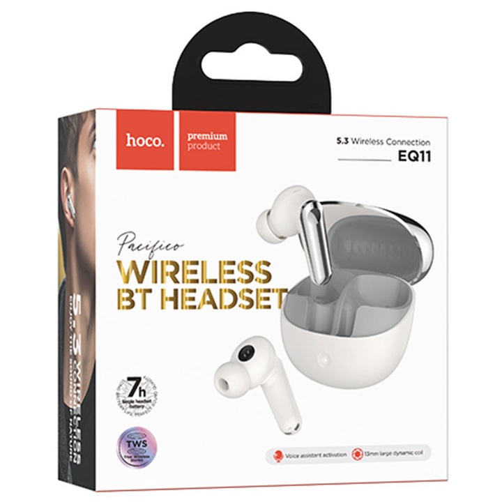 Casti Wireless Hoco (EQ11), Vezeték nélküli fülhallgató, Ear Buds, BT 5.3, 180 óra készenlét, 400 mAh, Pacifico, Fehér