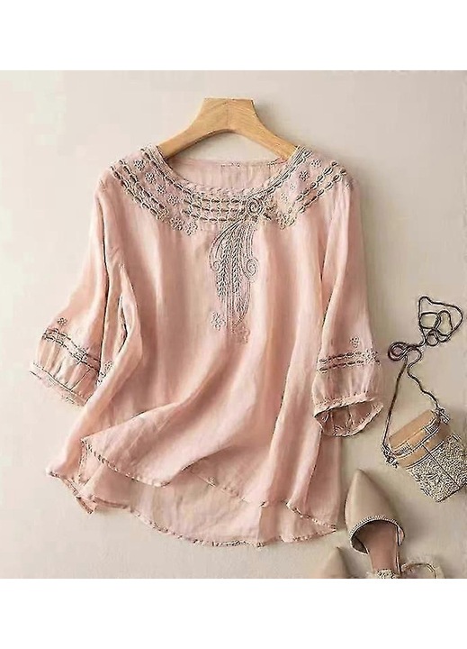 Bluza dama, retro, brodat, maneca scurta, guler rotund, bumbac, roz, XL INTL