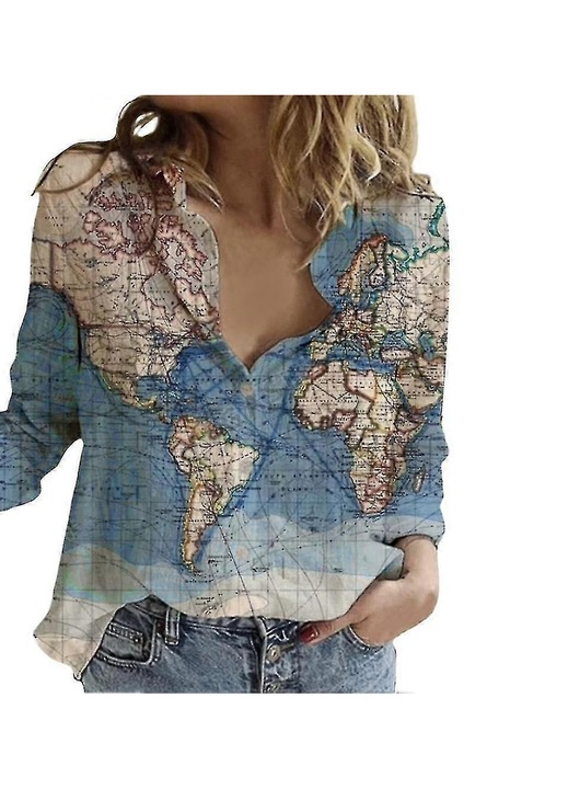 Alkalmi ing térkép mintával, kék, hosszú ujjú, poliészter