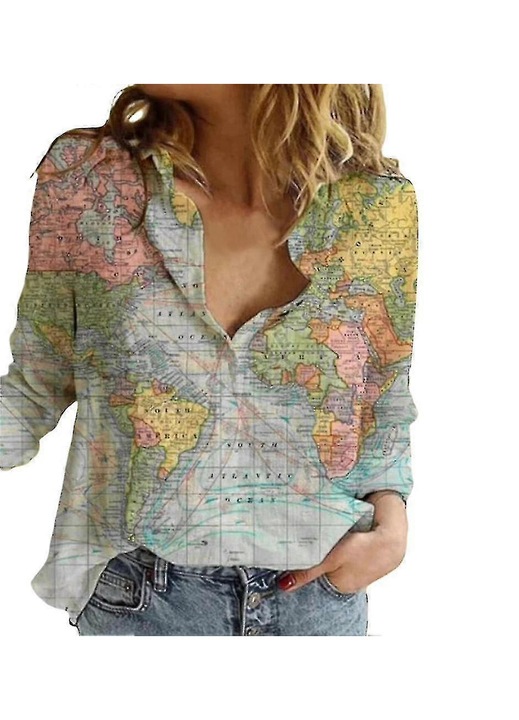 Camasa imprimeu harta, maneca lunga, multicolor, poliester, Multicolor