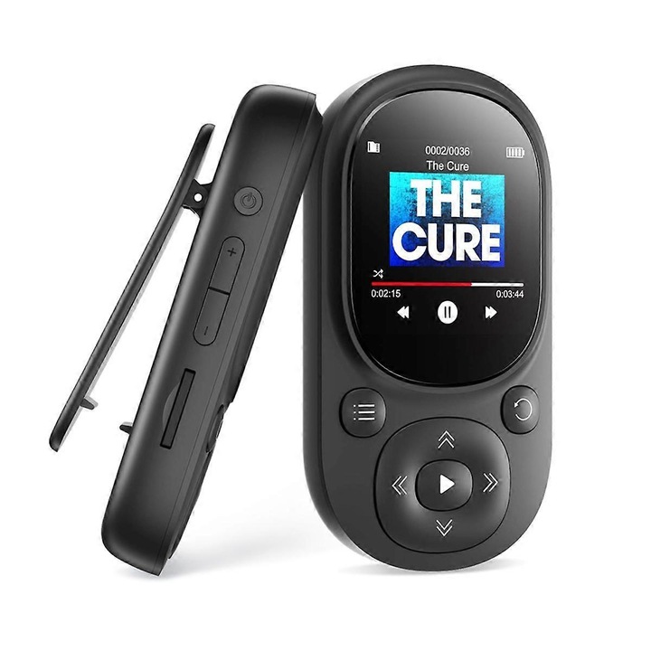 Hordozható MP3 lejátszó, 32 GB, fekete, FM rádióval, csíptetővel
