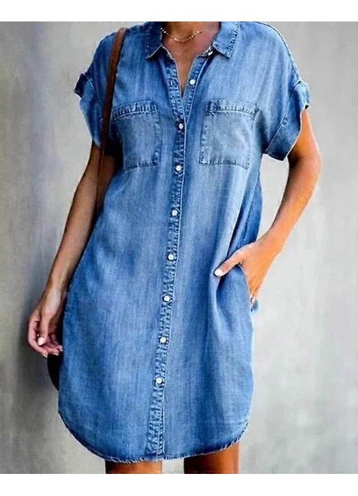 Rochie, denim, maneca scurta, decolteu in V, albastru