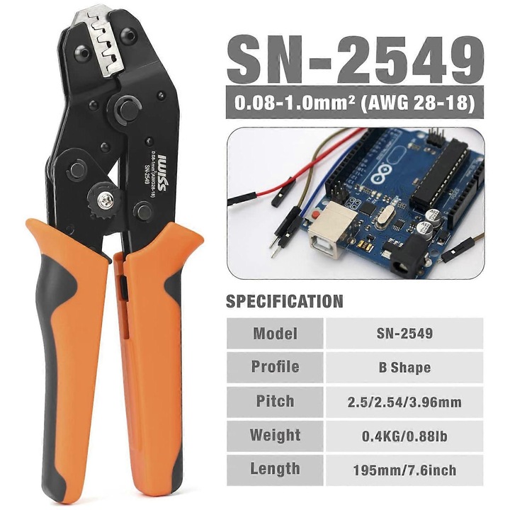 IWISS SN-2549 krimpelőfogó nyitott terminálokhoz, AWG28-18, 1.5mm-3.96mm, racsnis mechanizmussal