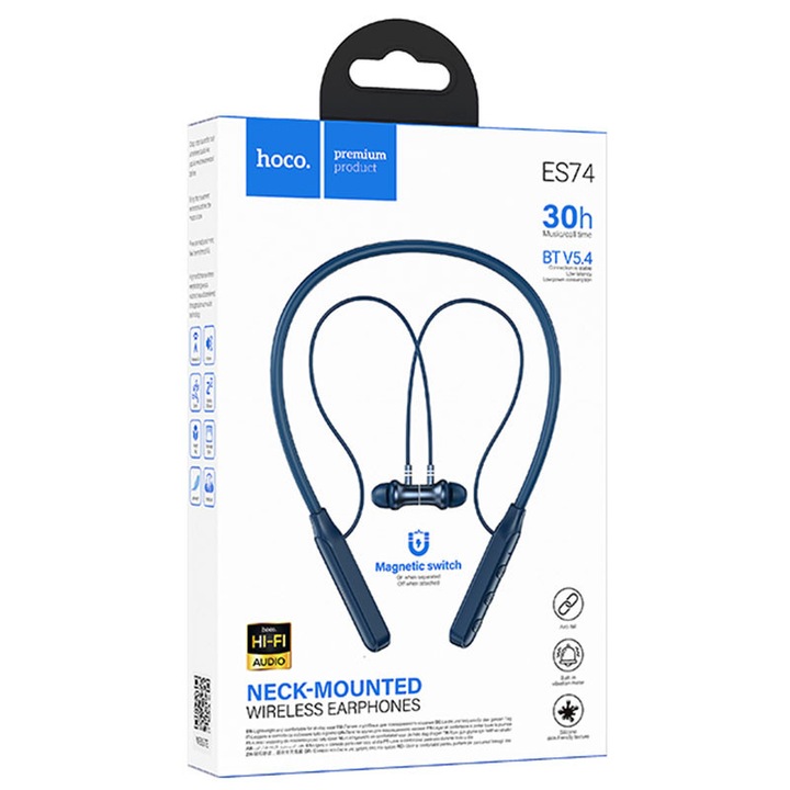 Hoco vezeték nélküli fülhallgató (ES74), InEar, BT 5.4, 280mAh, Nyakpántos, KÉK