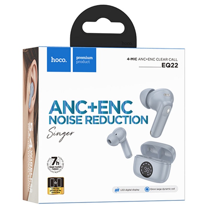 Casti Wireless Hoco (EQ22), Ear Buds, BT 5.4, 40/400mAh, ANC+ENC, PowerLED, Star/BLUE