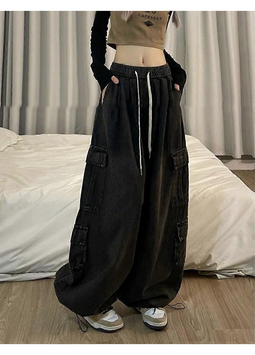 Női farmer, oversize, egyenes derék, fekete, farmer