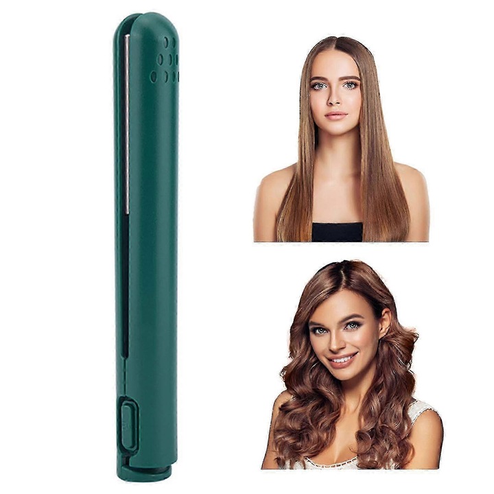 Mini 2 az 1-ben hajegyenesítő és göndörítő, kerámia, hordozható, USB, 17x2.2x2.2cm, zöld