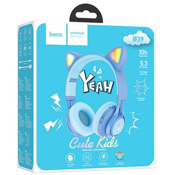 Casti Wireless Hoco (W39), Vezeték Nélküli Fejhallgató, GYERMEK, Over Ear, BT 5.3, Készenléti Idő 120 óra, 400mAh, Macskafülek, Kék