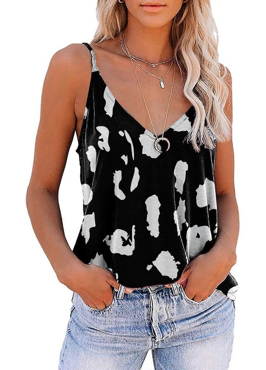 Maiou pentru dama, decolteu in V, cu bretele subtiri, bumbac, Negru