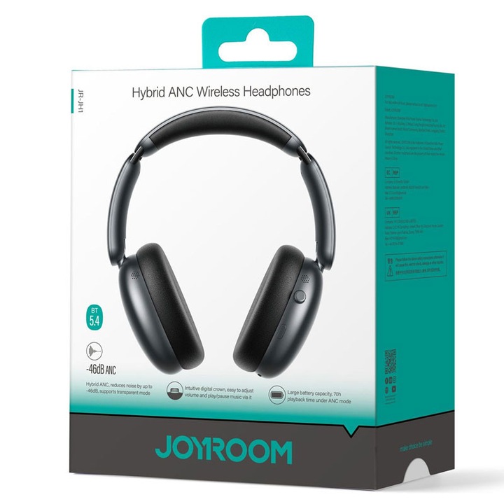 Joyroom Vezeték nélküli fejhallgató (JH1), fülre helyezhető, BT 5.4, 800 mAh, ANC, FEKETE