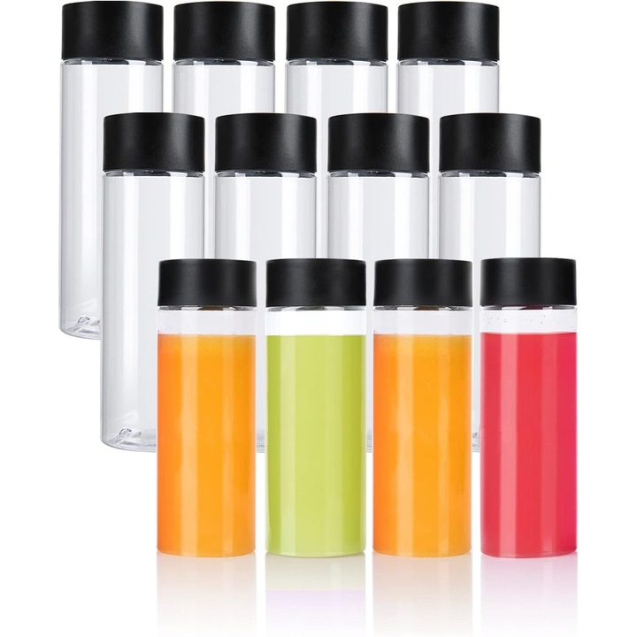 12 darabos műanyag palack készlet juice-hoz, 300ml űrtartalom, 5.5x16cm, fekete kupakokkal