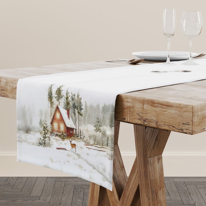 Karácsonyi asztalterítő kunyhóval és téli tájjal, 100% pamut, 40x200 cm, Különleges Ágyneműk, Glow