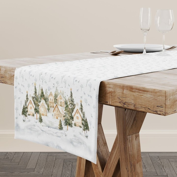 Karácsonyi asztalterítő fenyőfákkal és házikókkal, 100% pamut, 40x150 cm, Lenjerii Deosebite, Snowy