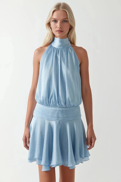 Rochie Mini, HiCCUP, Texturata cu Guler Inalt, Albastru Ghetar, Textil