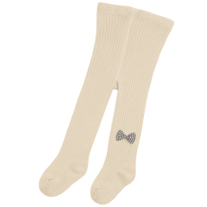 Dresuri cu talpa pentru copii Mixbo, cu funda carouri, bumbac gros, Crem