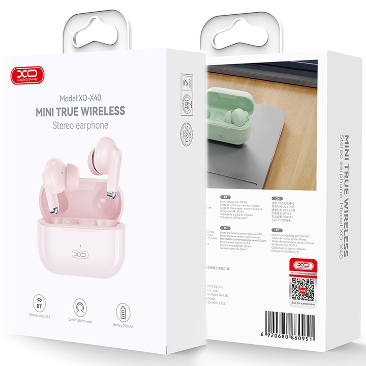 Vezeték nélküli fülhallgató XO (X40), fülhallgató, BT 5.3, 250mAh, RÓZSASZÍN