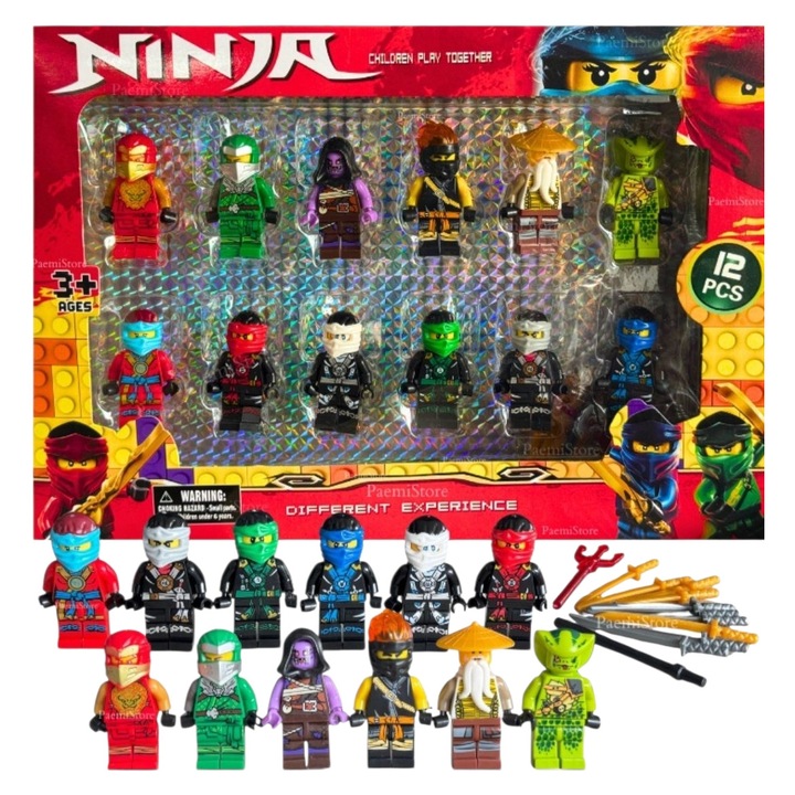 Set Jucării Figurine NINJA Warriors LuxAndra, 12 Piese, Diverse, Accesorii incluse, Multicolor, Înălțime 5 cm
