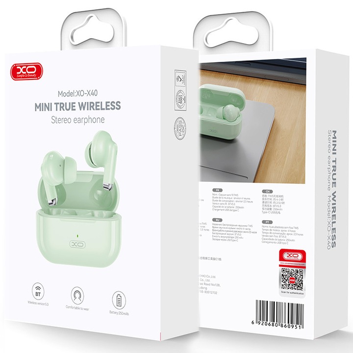Vezeték nélküli fülhallgató XO (X40), fülhallgató, BT 5.3, 250mAh, zöld