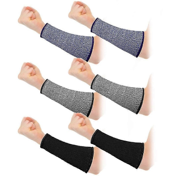 Manusi de protectie pentru antebrat, 3 perechi, rezistente la taiere, nivel 5, culoare negru, albastru, gri, 20cm