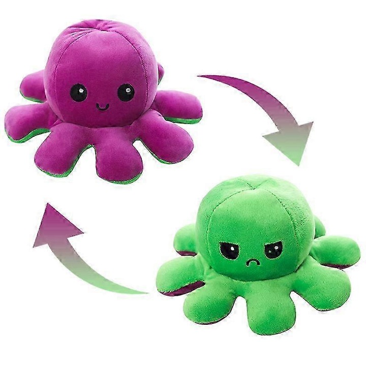 Jucarie de plus Octopus reversibil, 20x30x40cm, verde si mov, pentru copii si adulti