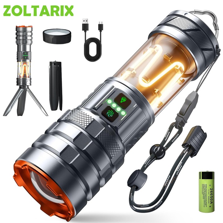 Фенер ZOLTARIX, LED Мултифункционален, Водоустойчив, 11 Режима, Сив