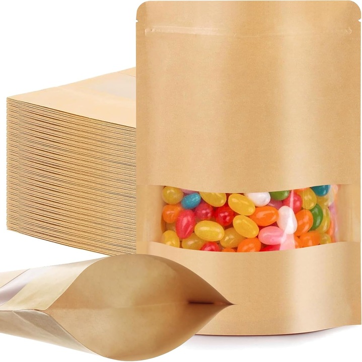Set 100 pungi ziplock din hartie Kraft cu fereastra, 14x20cm, reutilizabile, sigilabile, pentru ambalarea produselor