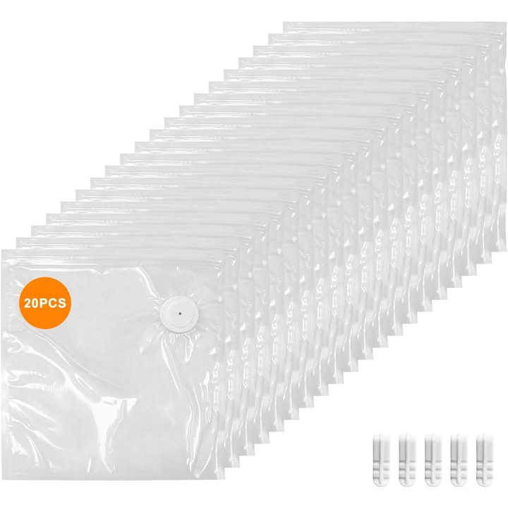 Set de pungi alimentare reutilizabile, 20 bucati, 21.5x21.5cm, fara BPA, cu fermoar dublu, pentru gatit sous-vide si congelare