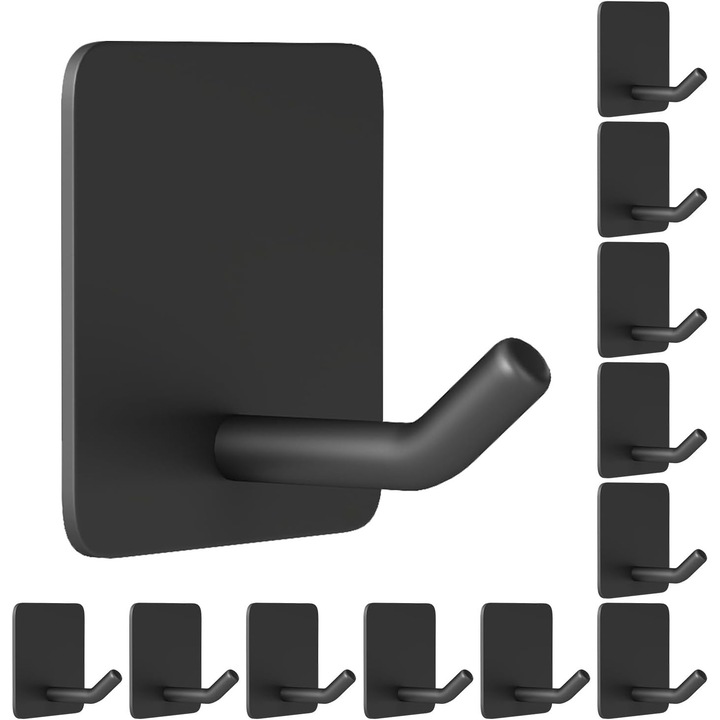 Set 12 suporturi adezive pentru prosoape, inox, negru, dimensiuni mici