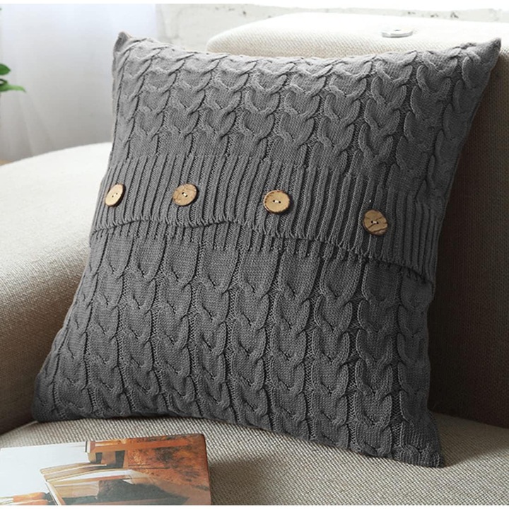 Husa decorativa tricotata, gri, 45x45cm, set husa perne