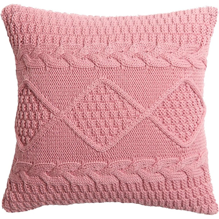 Fata de perna roz, model tricotat retro cu diamant, 45x45cm, set 1 bucata