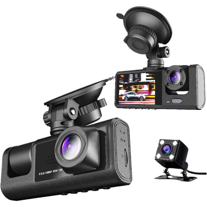 Camera auto DVR, 1080P, triple camera, inregistrare fata si spate, vizibilitate nocturna, 2 inch, set cu card de memorie 64G