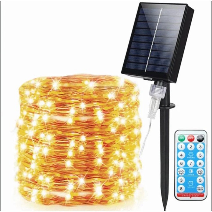 Ghirlanda Luminoasa Solara Vivendo® Cupru 30m, 300 MiniLED, 8 Programe, Telecomanda, Alb Cald
