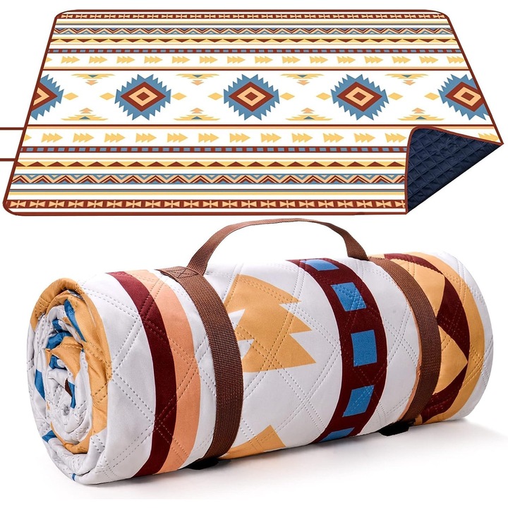 Patura picnic pliabila, 200x200cm, impermeabila, rezistenta la nisip, bej, set pentru 3-8 persoane