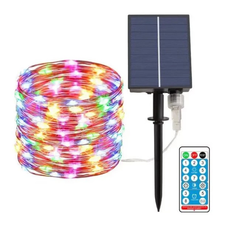 Ghirlanda Luminoasa Solara Vivendo® Cupru 30m, 300 MiniLED, 8 Programe, Telecomanda, Multicolor