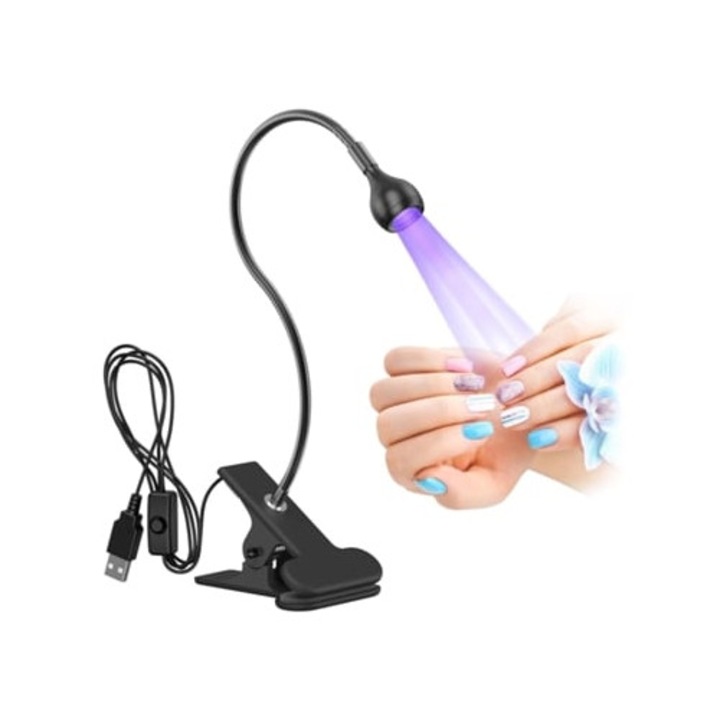 Lampa UV pentru unghii, 3W, cu clip, neagra