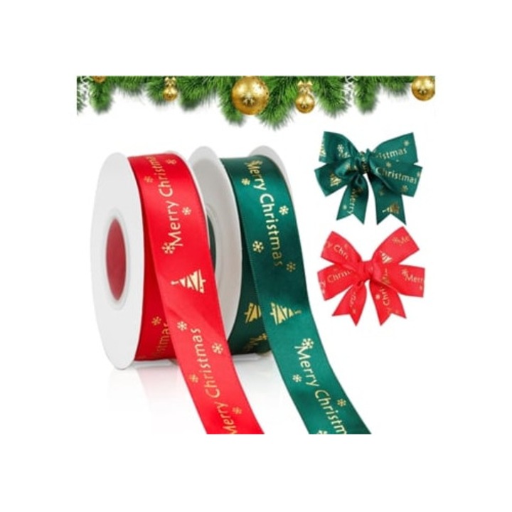 Riboni de Craciun pentru ambalare cadouri, set 2 role, rosu-verde, satin, 25y x 25mm