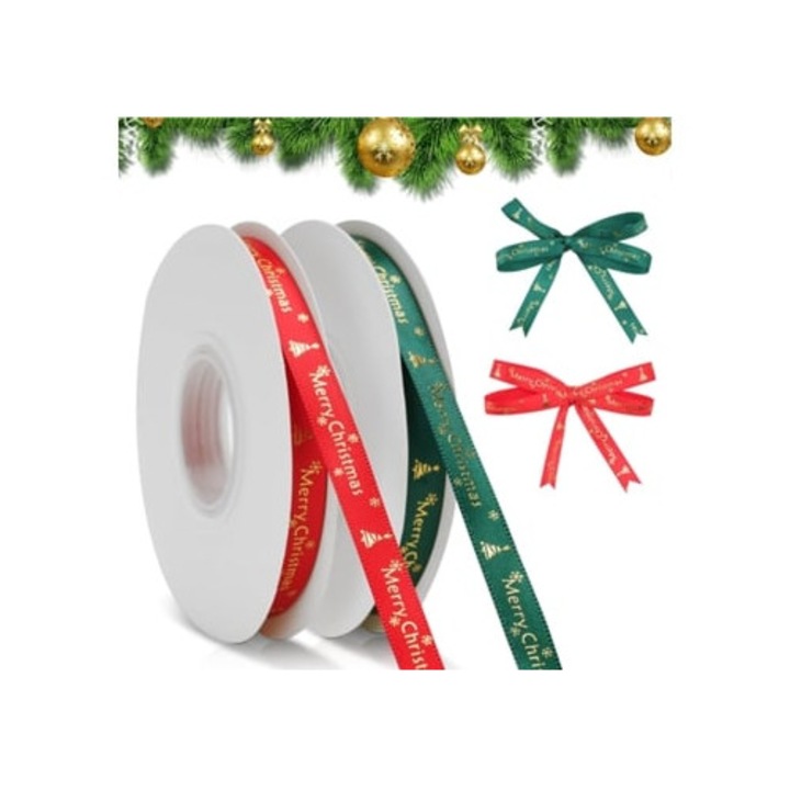 Fita de embrulho de Craciun, 2 role, rosu si verde, 25x10mm