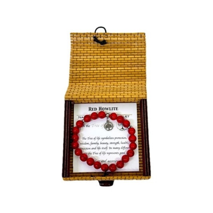 Bratara Red Howlite, din pietre naturale, in cutie cadou, Rosu, Velve