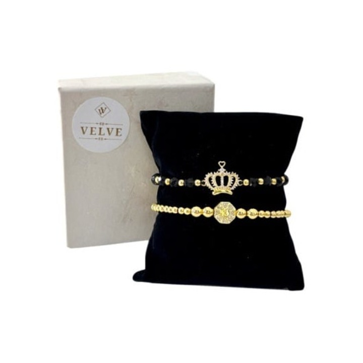 Set Glow, doua bratari unisex, cu bile din inox si cristale de zirconiu, in cutie cadou, Velve