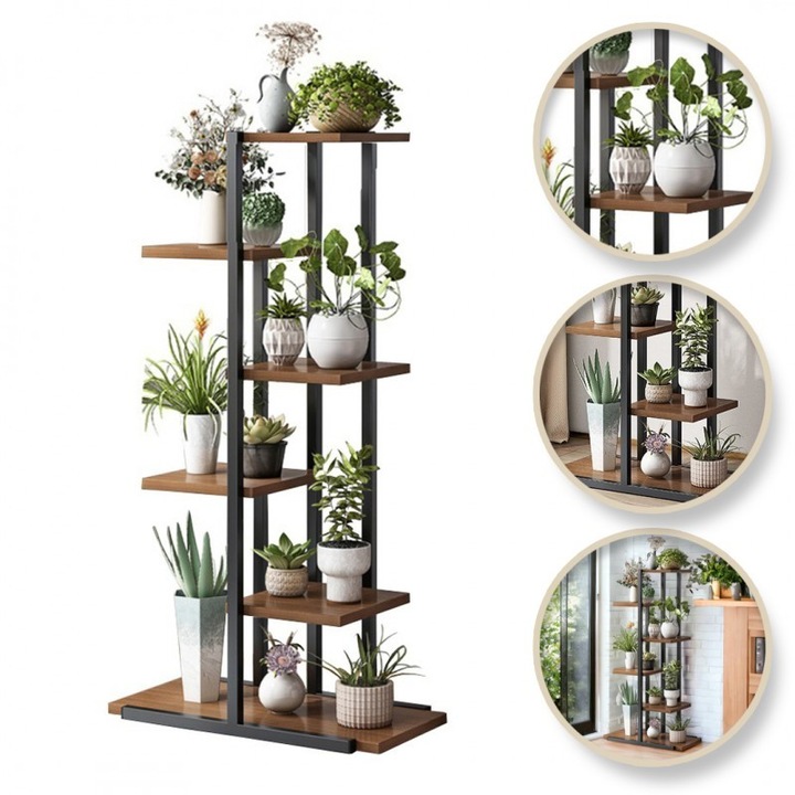 Virágtartó és növénytartó állvány, modern polc, fekete és sötétbarna, JollyMag, SZ16CZ, 113x60x20cm