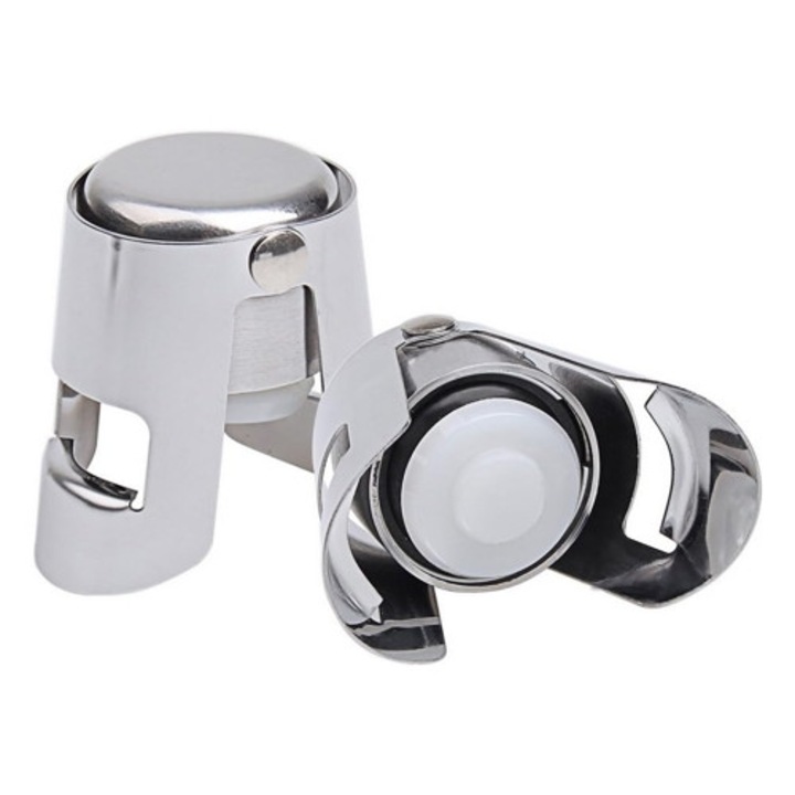 Set 2 dopuri pentru sticle sampanie, inox, sigilare vacuum, argintiu