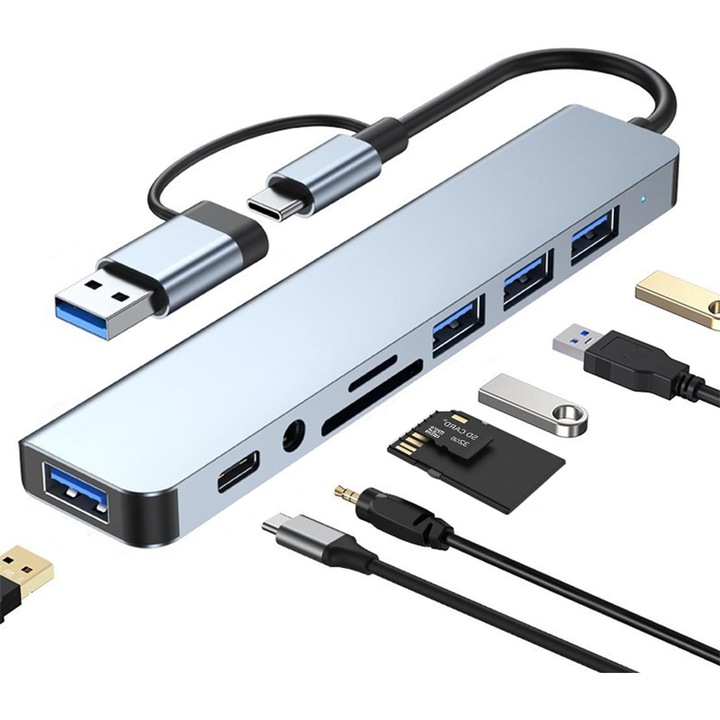 Hub USB 8-in-1, 4 porturi USB, 1 jack USB-C, cititor TF/SD, iesire audio 3.5mm, gri, 138x28x10mm