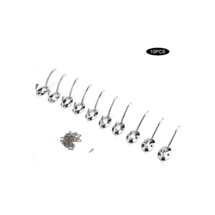 Set 10 agatatori retro de perete, argintiu, pentru usi, pentru haine, genti si prosoape