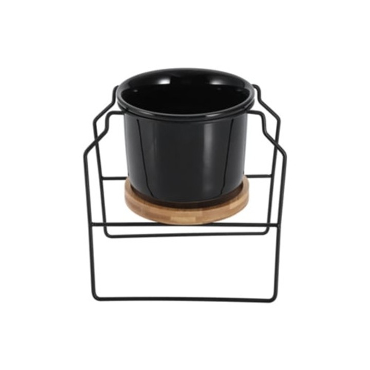 Vaza ceramica rotunda cu cadru din fier si tava din bambus, forma geometrica, alba