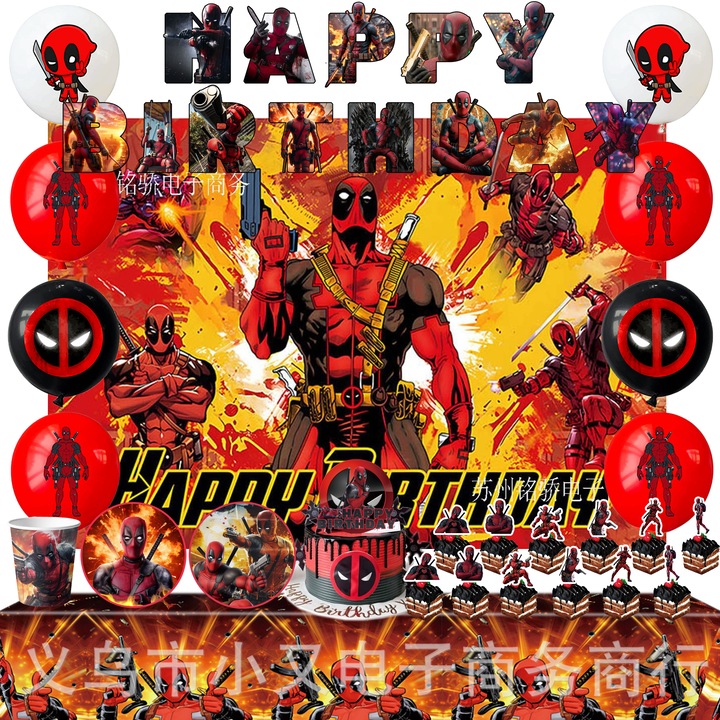 98 darabos Deadpool születésnapi parti dekorációs készlet, InBoxxarty, Deadpool parti étkészlet gyerekeknek - asztalterítő, tortadekoráció, banner, lufi, tányérok, szalvéták stb. Deadpool parti kiegészítők