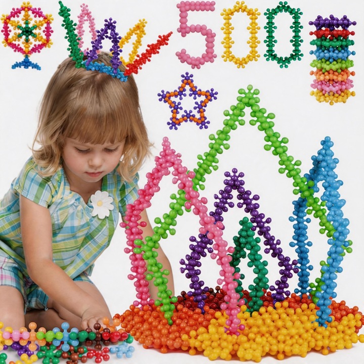 Set 500 de cuburi de construit, Tressino, Jucarii Educative Creative, Dezvolta creativitatea si logica, Pentru educatie si distractie, Pentru Copii 4+ Ani, Multicolor