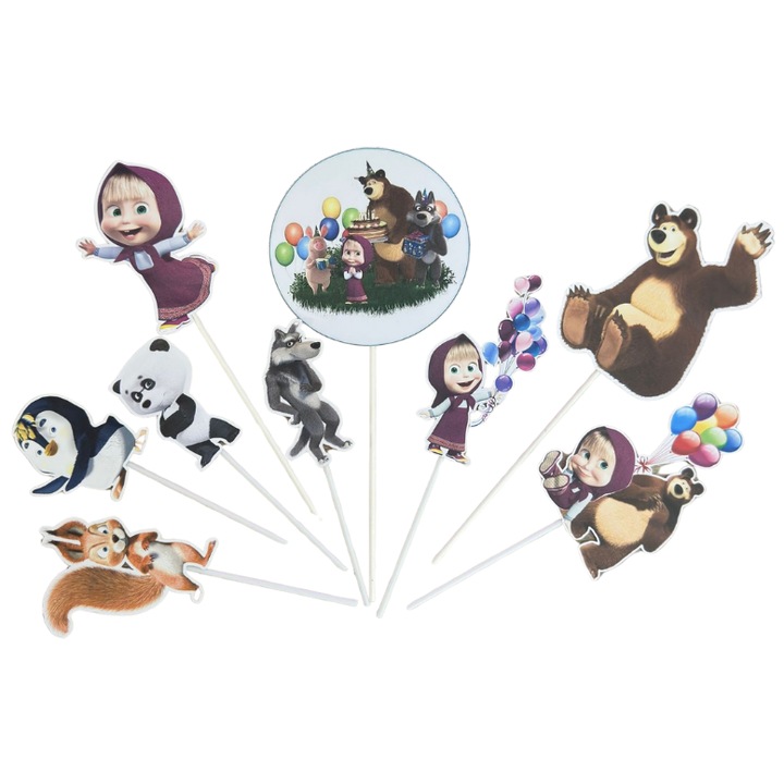 Decoratiune topper tort carton, tematica desene Masha si Ursul, aniversare - 9 piese