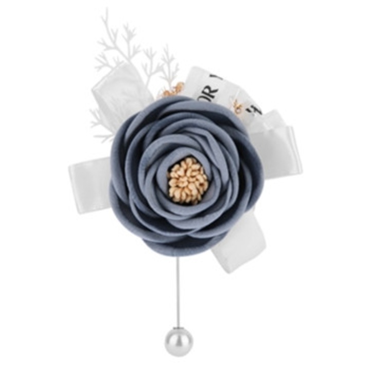 Brosa floare din perla artificiala pentru mire, gri-albastru