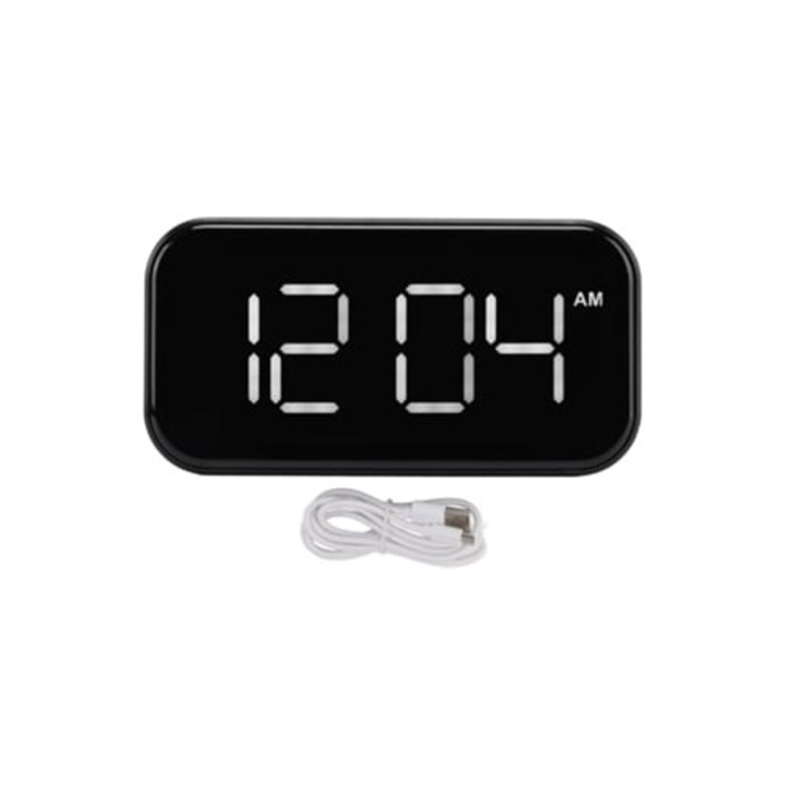 USB-s digitális asztali óra, nagyméretű kijelző, fekete ház, fehér számok